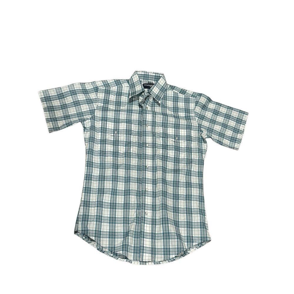 Wrangler western pearl snap short sleeve shirt S plaid turquoise